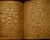 Livre ancien ouvert sur des pages remplies de textes et de symboles mystiques, dont un pentagramme complexe, un symbole ancien de pouvoir.