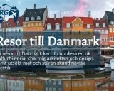 Färgglada hus vid en kanal i Danmark, med texten "Resor till Danmark". Upptäck fina platser i Danmark med rik kulturhistoria och charmig arkitektur.