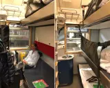Sovkupé på nattåg till Kiruna. En kvinna sitter på en bänk, omgiven av bagage. Bredvid syns en sängplats med en nedfälld sänghimmel.