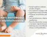 Dziecko siedzi na nocniku, gotowe do odpieluchowania. Wymienione są oznaki gotowości, np. sygnalizowanie potrzeb, dłuższe okresy suchych pieluszek.