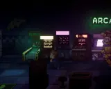 Chłopiec ucieka przed Springtrapem w mrocznym salonie gier, jak w **FNAF Into the Pit**.