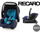 Dwa foteliki samochodowe Recaro w kolorze granatowym i niebieskim, jeden z bazą Isofix.