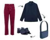 Un outfit bordeaux e blu: jeans scuri, camicia blu, sandali in denim e borsa blu.