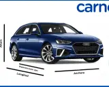 Audi A4 Avant azul con indicaciones de sus audi a4 avant medidas: longitud, distancia entre ejes, altura y altura libre al suelo.
