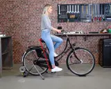 Frau sitzt auf einem Fahrrad auf einem Rollentrainer. Ein roter Pfeil zeigt die richtige Höhe des Fahrradsattels an, um den Fahrradsattel richtig einzustellen.