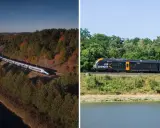 Pociąg Pendolino na linii kolejowej Kraków Zakopane wśród jesiennych drzew. Po prawej czarny pociąg Leo Express.