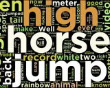 Rekord skoku na koniu, czyli "high jump" w chmurze słów. Widoczne słowa to m.in. "horse", "jump", "record", "white", "two", "rider".