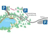 Mappa del Lago di Carezza con parcheggio gratis P1, P2, P3. Sentieri per Schönblickweg e percorsi per Welschnofen.