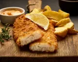 Krispigt panerad fisk, perfekt stekt, serveras med klyftpotatis och en citronskiva. En härlig måltid att njuta av.