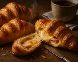 Un croissant au jambon fondant, avec du fromage dégoulinant, prêt à être dégusté avec un café chaud.