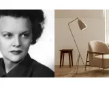 Porträtt av Greta Magnusson Grossman bredvid en av hennes ikoniska golvlampor och en fåtölj i en modern inredning.
