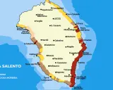 Mappa del Salento, una terra puglia da scoprire, con coste sabbiose, rocciose e scogliere. Indica città come Lecce, Otranto e Gallipoli.