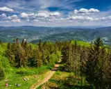 Piękny widok na Beskid Śląski z lasem iglastym i polaną, gdzie odpoczywają ludzie. W oddali widać góry i miasteczko.