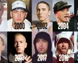 Eminem na przestrzeni lat: od młodego rapera w 1999 do dojrzałego artysty w 2020. Zmieniał fryzury i styl, ale zawsze rozpoznawalny.
