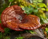 Lśniące grzyby reishi na pniu, otoczone mchem i zielenią. Reishi na co? Na zdrowie i odporność, symbol długowieczności.