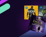 Trzy okładki książek z serii Jack Reacher autorstwa Lee Childa. Najnowsza książka "Strategia Wyjścia" w fioletowej tonacji.