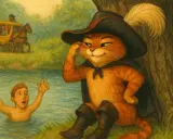 El Gato con Botas, protagonista de un cuento divertido para niños, observa a un niño en apuros en el río, mientras un carruaje avanza al fondo.