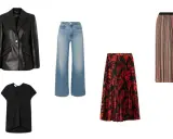 Outfit giacca di pelle donna con jeans a zampa, t-shirt nera, gonna a fantasia rossa e nera, e gonna a righe colorate.