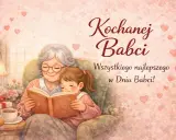 Wzruszające życzenia dla babci: uśmiechnięta babcia i wnuczka czytają książkę, otoczone serduszkami.