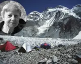 Portret św Krystyny na tle obozu pod lodowcem i ośnieżonych szczytów.