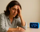 Donna con mano sulla fronte, espressione di sofferenza e senso di instabilità e sbandamento. Orologio digitale segna 12:04.