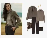 Elegancka stylizacja: jak nosić golf damski pod tweedową marynarkę, z czarnymi spodniami i akcesoriami.