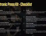 Checklist pour un dossier de presse artiste exemple : biographie, musique, photos, vidéos, agenda, presse, contacts.