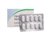En förpackning med ciprofloxacin-tabletter och en blisterförpackning med vita tabletter, liknande Alvedon.