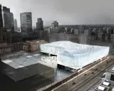 Nowoczesny budynek muzeum sztuki współczesnej w Warszawie, z charakterystyczną, geometryczną fasadą, otoczony placem i otoczeniem miejskim.