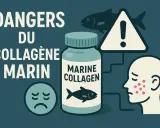 Illustration des dangers du collagène marin : une peau irritée, un visage triste et un avertissement.