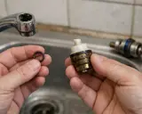 Mains d'un plombier tenant un joint torique et une cartouche de robinet, prêt à réparer un robinet qui goutte.