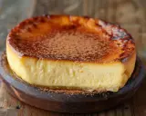 Un délicieux flan sans pâte, saupoudré de cacao, sur un plat en bois. Parfait pour une recette facile et gourmande.