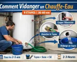 Un homme raccorde un tuyau à un chauffe-eau pour le vider. Les étapes incluent couper l'électricité, brancher le tuyau et la vidange en cours.