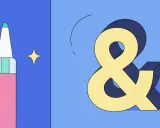 Różowy pisak i żółty znak ampersand (&) na niebieskim tle.