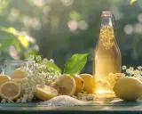 Bouteille de sirop de sureau, citrons et fleurs de sureau sur une table en bois. Douce lumière d'été.