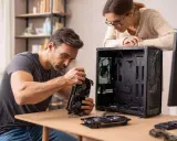 Un homme et une femme assemblent un PC. Il tient une carte graphique, un élément clé pour savoir comment choisir sa carte graphique.