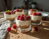 Fluffig cheesecake i glas med krossade digestivekex och färska hallon. En perfekt sommardessert!