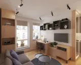 Nowoczesne oświetlenie salonu i aranżacje: sofa, biurko z laptopem, TV, regały i drewniane meble tworzą przytulną przestrzeń.