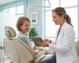 Dentystka w białym fartuchu pokazuje tablet pacjentce siedzącej na fotelu stomatologicznym.