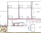 Schemat instalacji grzewczej i wodnej w budynku. Widoczny jest układ otwarty co, piec, CWU, parter, piętro, piwnica, budynek dobudowany i teren.