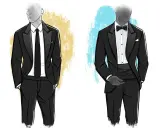 Two figures in tuxedos. One wears a tuxedo with a regular tie, the other a tuxedo with a bow tie and cummerbund.