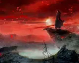 Il gran maestro della scuola demoniaca osserva il tramonto rosso fuoco da una scogliera, petali rossi danzano nell'aria.