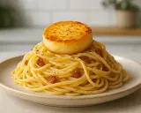 Porcja spaghetti carbonara z okrągłym, podsmażonym serem na wierzchu.