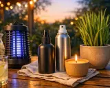 Wieczorny relaks na tarasie: lampa UV, spray, świeca i napój. Skuteczne środki, co odstrasza komary w nocy, zapewniają spokój.