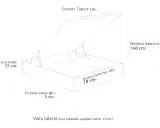 Vista lateral de un canapé abatible con sus medidas: altura total 37 cm, hueco interior útil 28 cm, grosor tapa 7 cm, grosor bastidor 3 cm y medida de apertura 140 cm.