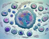 Células en división, algunas con cromosomas visibles, en un proceso que recuerda a la meiosis II.
