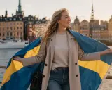 Szczęśliwa Polka z flagą Szwecji, marząca o studiach w Szwecji. W tle malowniczy Sztokholm.