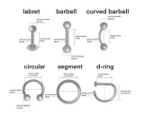 Ilustracja przedstawia różne typy kolczyków: labret, barbell, curved barbell, circular, segment i d-ring, z wymiarami.