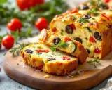 Un délicieux cake salé aux olives, tomates et courgettes, garni d'herbes fraîches, prêt à être dégusté.