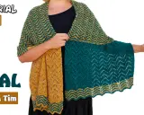 Chal tejido a dos agujas con patrones de zig-zag en amarillo y verde. Tutorial 1609.